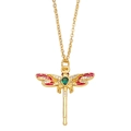 Fashionable gold dragonfly pendant necklace with red enamel wings and green gemstone - Dragonfly / 18K Gold