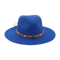 Chapeau Fedora en paille bleu roi avec ruban ethnique perlé et pierre turquoise - Bleu royal