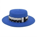 Detail of royal blue woven straw boater hat featuring pearl and rhinestone ribbon decoration - Sapphire Blue