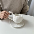 Hand-painted ceramic coffee cup with pink hearts and unique wavy handle on saucer - Hearts and Dots Cup & Saucer Set / Cup + Saucer Set