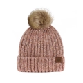 Bonnet en laine tricotée d'hiver avec pompon en fausse fourrure et étiquette flocon - Taille unique / Rose Pêche Foncé