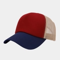 Three-color mesh trucker hat in red, navy blue and beige with a curved brim design - Wine Red and Navy Brim / Adjustable