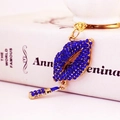 Blue rhinestone sparkling red lips and lipstick keychain charm with gold-plated finish - Deep Blue