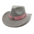 Detail of gray felt cowboy hat with pink braided band and vintage silver metal buckle - M (56-58cm) / Light Gray