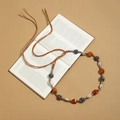 Bohemian braided waist chain with turquoise beads and shell charms on book - Brown Woven Turquoise Flower Shell Resin (X502-6)