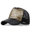 Detailed side view of black baseball cap with sparkling gold sequins and mesh fabric - Adjustable / Champagne Gold Sequin (JX-380106)