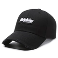 Casquette de baseball en coton noir usé avec patch Thinking WISHFUL et bord effiloché - Réglable / Noir