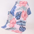 Pink microfiber beach towel with tropical hibiscus and green palm leaf patterns - T-Pink Hibiscus Dark Blue and Green Leaves