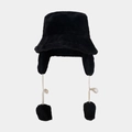 Detail of black plush bucket hat with earflaps and soft faux fur texture for winter - M (56-58cm) / Black