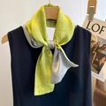 Long silk scarf with yellow-green and grey paisley patterns on a navy blue dress - Two-tone Paisley