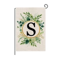 Customized initial S garden flag with floral wreath and polyester burlap texture - Letter S