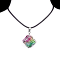 Iridescent crystal cube pendant necklace with black woven leather cord and silver clasp - Multicolor (Silver)