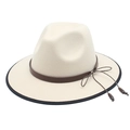 White wool fedora hat with wide brim, brown leather strap, and bead detailing - M (56-58cm) / Beige
