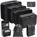 Black 7-piece travel organizer set with mesh laundry bags and hanging toiletry pouch - Toiletry Bag 8-Piece Set / Black