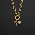 Gold stainless steel paperclip necklace with pink gemstone and heart letter charm - Letter T (XNL0097)