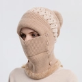 Ensemble cagoule en tricot beige avec col en fausse fourrure, boutons et pompon - Khaki