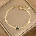 Bracciale a catena piatta in acciaio dorato con ciondoli a stella in smalto nero - Stella Nera Dorata (BR-9)