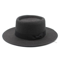 Classic black flat top wide brim straw hat with elegant satin ribbon bow for sun protection - M (56-58cm) / Black