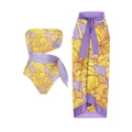Detail of lavender tropical floral swimsuit and matching wrap skirt with yellow hibiscus - Y12 Yellow Set