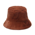 Close-up of caramel plush faux rabbit fur texture on a warm winter bucket hat - Adult size 56-58cm / Brown