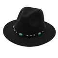 Detail of black wool fedora featuring turquoise stones and silver stud embellishments - M (56-58cm) / Black