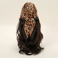 Classic leopard print silk scarf styled as a headband on brunette wavy hair - 70-70cm / Leopard Black + Camel (FJ773-01#)