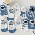 Blue and white low cut invisible cotton socks set with cute cartoon bear patterns - Korean Style Low Cut Boat Socks (Style D) / Blue White Series