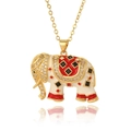 Detailed close-up of a white enamel elephant pendant with colorful saddle and rhinestones - White