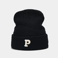 Detailed close-up of a black ribbed knit beanie with a white embroidered P letter logo - Black