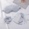 Satin silk sleep set with eye mask, scrunchie and drawstring pouch in light blue silk - Silver