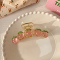 Pinza per capelli a pesca rosa traslucida con foglie verdi e finitura acrilica - 9278C Molletta per Capelli Pesca Trasparente