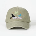 Vintage olive green washed baseball cap with embroidered flying dragons and book design - One Size / Light Khaki