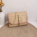 Pink woven straw crossbody bag with golden metal fringe tassel and chain strap - Pink with Tassel