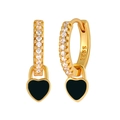 S925 silver needle gold hoop earrings with black enamel heart charms and zircon stones - Zirconia Heart Hoop / Black/Gold