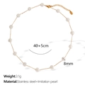 Gold stainless steel necklace with 8mm white imitation pearls, length 40+5cm - White Pearl Gold Necklace (XL287)