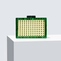 Green marble acrylic clutch bag with beige rattan panel on a white podium - Dark Green