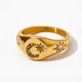 Retro gold signet ring featuring crescent moon and star patterns with sparkling crystals - Star Moon Inlaid Gold (KBJ309)