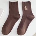 Deep brown cotton crew socks with vertical ribbing and cute cartoon bear embroidery - One Size / Coffee