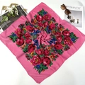 Floral print cotton linen square scarf in vibrant pink with vintage rose patterns - 70x70cm / Deep Pink
