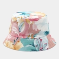 Detail view of colorful floral bucket hat showing reinforced stitching on the brim - Soft Pink Blue Creamy White Abstract Floral Style (23#色)