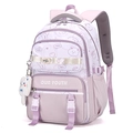 Lightweight purple and white student backpack with cute bear print and plush cat pendant - With Charm / Purple
