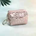 Detail of pink leopard print mini pouch with gold zipper and round metal keychain - Pink