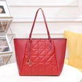 Red large-capacity faux leather tote bag with diamond lattice stitching and metal ring decor - Red