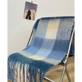 Plaid cashmere-like scarf in blue and white grid with tassels on a metal chair - Dark Blue