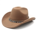 Khaki western cowboy hat in felt with wide brim and turquoise beaded decorative band - M (56-58cm) / Khaki