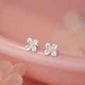 Chic 925 silver plated flower stud earrings with a shiny silver finish and petal texture - Minimalist Four-petal Flower Style (A224)