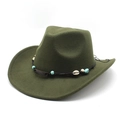 Detail of olive green wool felt cowboy hat with turquoise beads and shell embellishments - M (56-58cm) / Army Green