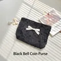 Chic black lace mini pouch with white satin bow and pearl bell charm detail - Bell Coin Purse / Black