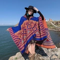 Châle en tricot ethnique avec motifs floraux bleu et orange et franges pour voyage - LM308 Splendeur Florale - Bleu Royal