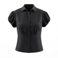 Vintage-Stil schwarze Hemdbluse mit Puffärmeln, einreihigen Knöpfen und tailliertem Schnitt - S / Schwarz